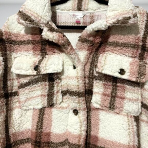 NWT Cozy Plaid Sherpa Shacket Jacket Cream Pink Brown Size Large Fall Winter - Picture 6 of 12